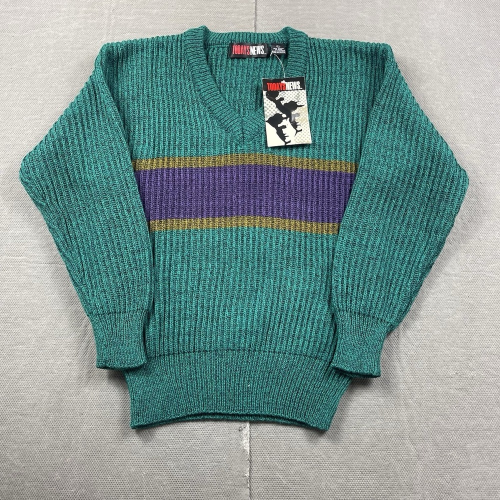 Vintage Todays‎ News Sweater Mens Large Green Acrylic Tennis V Neck Striped New
